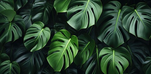 Photo Background of monstera leaves. Green combined with shades of black. generative AI