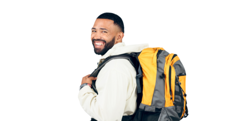 Hiking, travel and portrait of man with backpack for adventure, camping and holiday for wellness. Male person, gear and happy with smile for vacation on isolated, transparent and png background