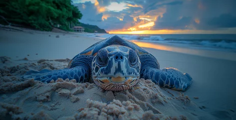 Poster Green Sea Turtle Resting on the Sand Beach. 3D Rendering,Hawaiian green sea turtle on the beach. 3d render,Hawaiian Green Sea Turtle Resting on the Sand at Sunset © GraphiCraft