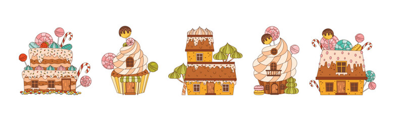 Sweet Candy House of Pastry and Sugary Glazing Vector Set