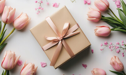 Pastel gift box with a satin beige bow surrounded by pink spring flowers for Mother's Day on the pink background with copy space.Generative AI