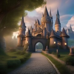 Fototapeta premium Enchanted castle, Enormous castle surrounded by a magical barrier with towering spires and hidden secrets5