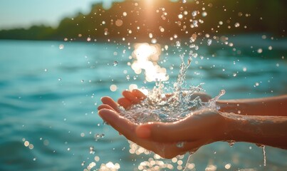 Closeup of woman's hand holding fresh water splashing in the lake.Generative AI