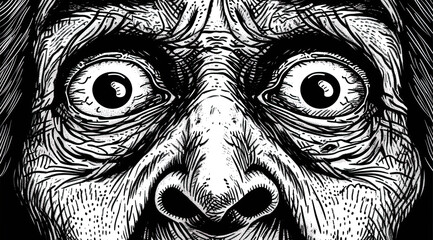 Close-up of frightened face of elderly person with large nostrils and wide-open eyes, line drawing
