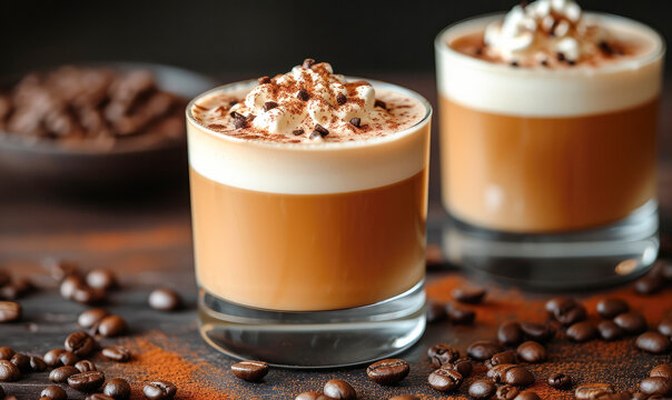 Glass of tasty latte with nuts and coffee beans on black background.AI