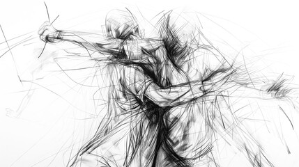 Fighting men, strongly abstract dynamic line drawing