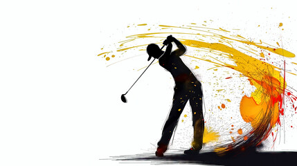 Silhouette of a golfer at tee off with abstract dynamic colorful splashes, conceptual graphic