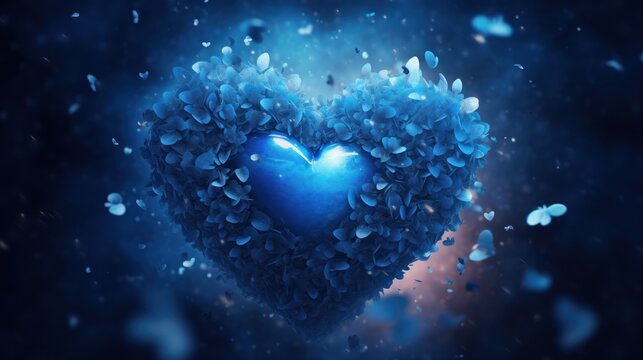 a blue heart made out of leaves floating in the air on a dark blue background with a light shining on it.