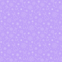Easter background with bunnies and flowers in hand drawn style. Seamless pattern for wrapping paper, wallpaper and textile. Vector illustration