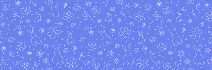 Design of Easter background. Seamless pattern with bunnies and flowers. Panoramic header. Vector illustration
