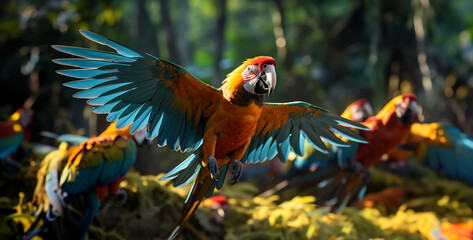 Fototapeta premium beautiful Scarlet macaw bird flying in the jungle, close up,beautiful Scarlet macaw parrot in the zoo. close up