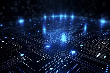 Obraz premium Futuristic Technology-Inspired Backdrop with Abstract Dark Blue Elements and Illuminated Dots Resembling Circuitry, Generative AI