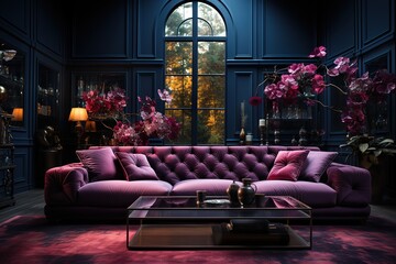 stylist and royal Living room interior in dark blue with a pink sofa, glass tab, space for text, photographic - obrazy, fototapety, plakaty