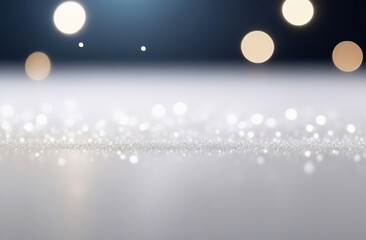 Abstract defocused background white snow texture. Holiday concept. Bright golden particle on dark blue. Christmas light shine bokeh. Glittering gold dust festive backdrop. Shiny light. Birthday design