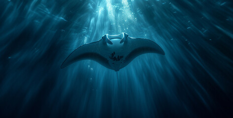 Flying seagull in deep ocean. 3d render illustration.Manta ray in the ocean. 3D render. Underwater.Manta ray in the sea. Underwater scene. 3d render