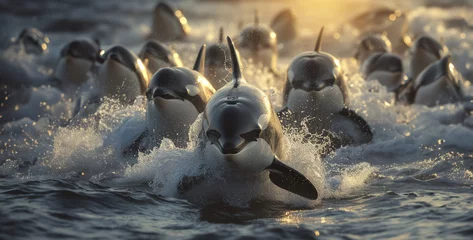 Gordijnen Group of killer whales swimming in the ocean. Action. Beautiful killer whales.Group of killer whales swimming in the sea. Scientific name: Chrysan Spermophilus citellus. © Ajmal Ali 217