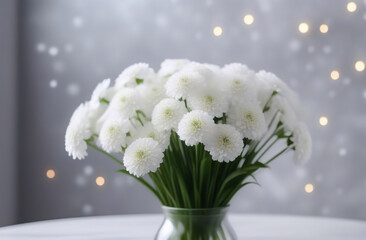 White flowers bunch in a glasses vase, blurred bokeh background. Defocused space for text placement. Horizontal panoramic banner. Fresh blossoming, delicate festive floral card, selective focus, toned