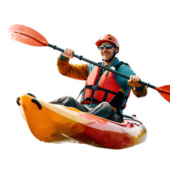 A man plays a Kayaking, isolated on transparent background