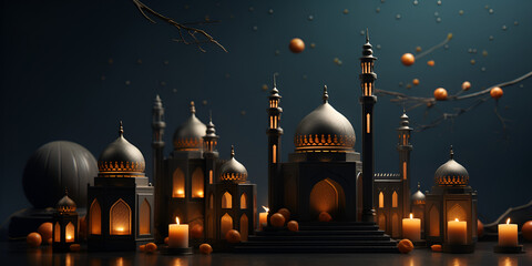 Islamic Holy Month Of Ramadan Mubarak With Beautiful Mosque And Hanging Illuminated Lanterns ,