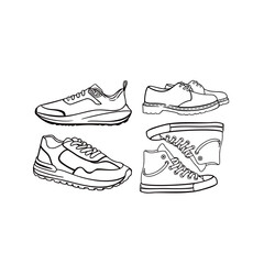 line art vector illustration of a set of different types of shoes