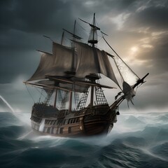 Haunted pirate ship, Ghostly pirate ship sailing through stormy seas with tattered sails and ghostly crew2
