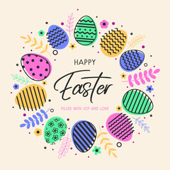 Minimalist Easter background with colourful eggs. Design of a greeting card. Vector illustration