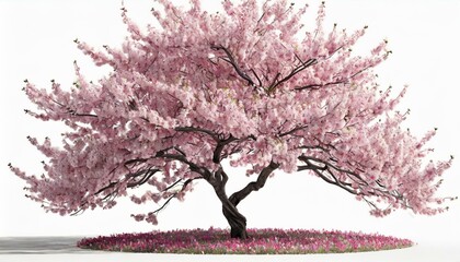 Drzewo pokryte różowymi kwiatami na białym tle - obrazy, fototapety, plakaty