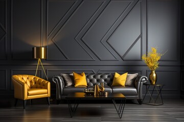 stylist and royal Modern interior living room design and black and golden wall pattern texture...