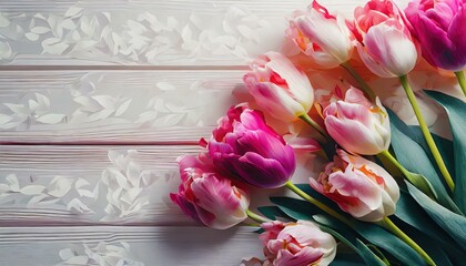 Obraz premium Różowe tulipany na białych deskach