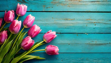 Pink tulips on blue boards