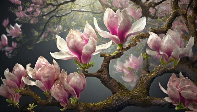 Gałązki magnolii pokryte kwiatami