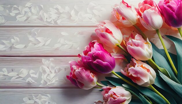 Różowe tulipany na białych deskach
