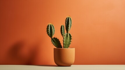 a cactus in a clay pot on a table against a bright orange wall in front of an orange painted wall.