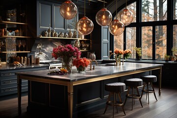 stylist and royal Modern luxury kitchen interior design, space for text, photographic - obrazy, fototapety, plakaty