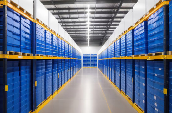 Blurred Interior of vaccine storage, distribution center. Influenza, covid or pox vaccines are stored and prepared for shipment. Organized storage facilities, logistic. Efficiency, reliability, Safety