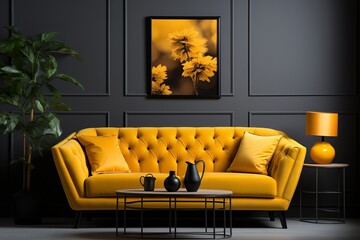 stylist and royal Modern room interior with yellow sofa, space for text, photographic