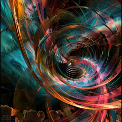 Abstract digital art piece featuring a whirl of colors and shapes simulating a journey through a digital dimension