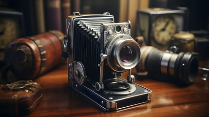 old photo camera on a white background,,
Old vintage camera and photo reel