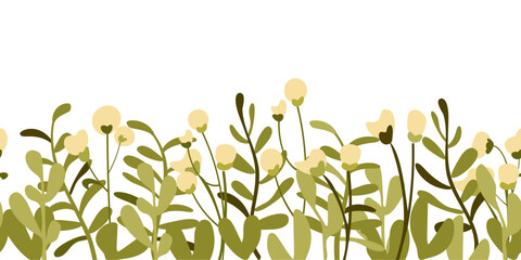Botanical seamless pattern hand drawn. White background with plant border. Minimalist style. Vector illustration. © vladaray