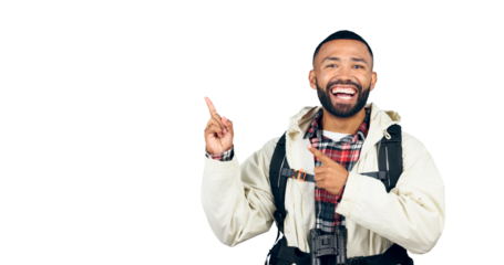 Hiking, portrait and happy with man for pointing, transparent and isolated background for commercial information or presentation news. Fitness, adventure and journey for male person trekking on png