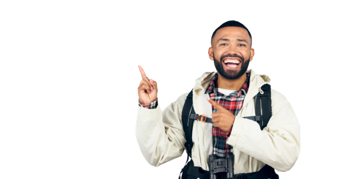 Hiking, portrait and happy with man for pointing, transparent and isolated background for commercial information or presentation news. Fitness, adventure and journey for male person trekking on png