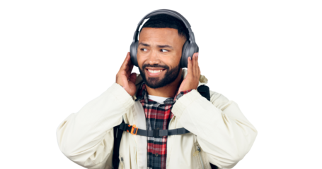 Man, smile and listening with headphones and face for music or audio streaming. Radio, podcast or person relax with hip hop sound or app with technology isolated on a transparent, png background