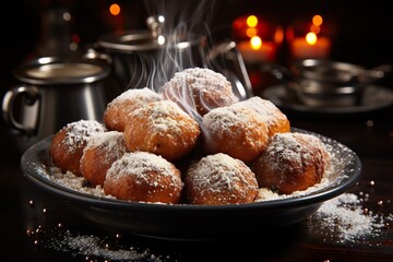 Fototapeta na wymiar stylist and royal Sprinkled with sugar powder homemade small Dutch 'oliebollen' [oil balls] delicacy traditionally eaten on New Year's Eve