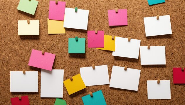 Colorful Sticky Notes Pinned on Cork Board Background for Organization