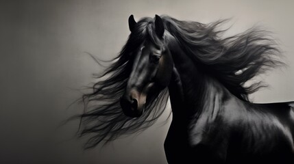 a black and white photo of a horse with its hair blowing in the wind in front of a gray background.