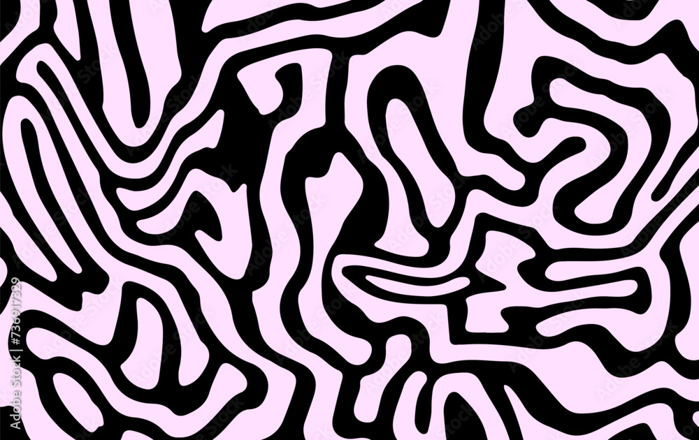 Poster Glitched distorted op art pattern. Abstract black and white geometric background with curved lines.