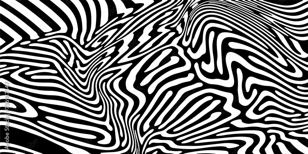 Poster Glitched distorted op art pattern. Abstract black and white geometric background with curved lines.