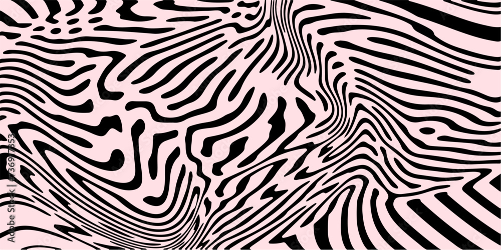 Poster Glitched distorted op art pattern. Abstract black and white geometric background with curved lines.