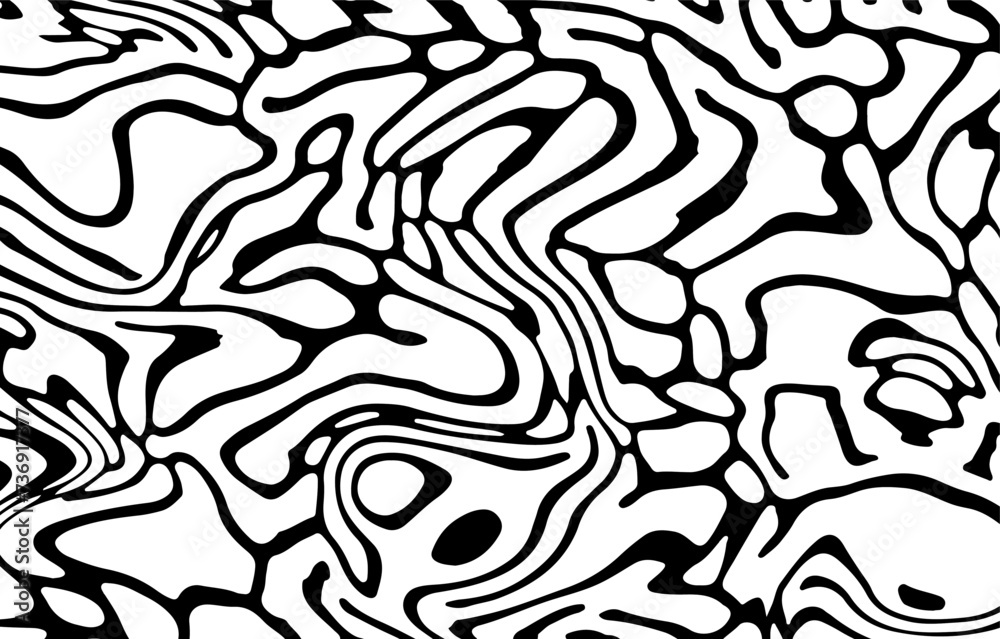 Poster glitched distorted op art pattern. abstract black and white geometric background with curved lines.