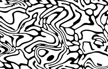 Glitched distorted op art pattern. Abstract black and white geometric background with curved lines.